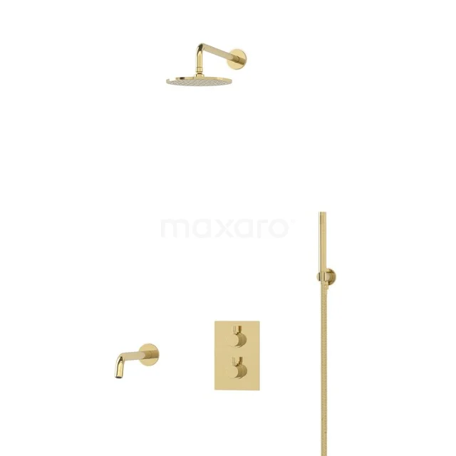 Gold built-in rain shower set with thermostatic valve, hand shower and round overhead shower, ideal for a luxury bathroom.