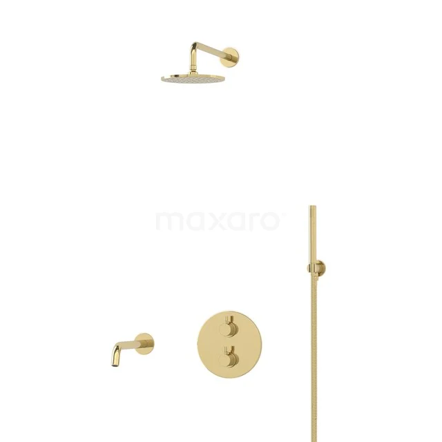 Gold rain shower set with hand shower, round shapes and sleek design, perfect as a luxury addition to the bathroom.