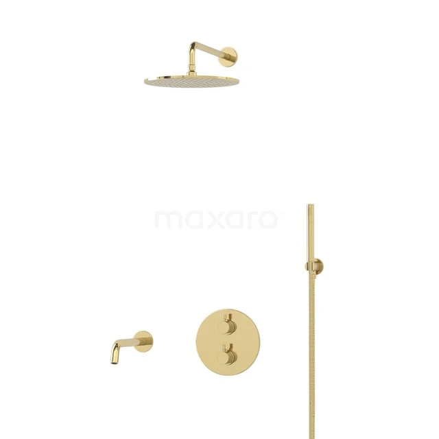 Golden rain shower set with round overhead shower, thermostatic valve and adjustable hand shower, perfect for a luxury bathroom.