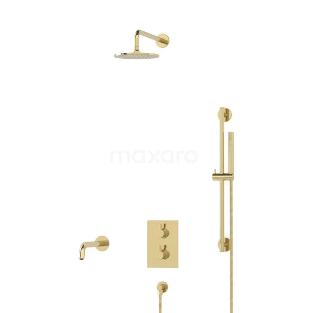 Radius Built-in Bath Tap with Rain Shower | Shiny Light Gold | Thermostatic DIGLG55-00025 Golden shower set with rain shower, hand shower and thermostatic tap; luxury bathroom accessory made of high-quality material.