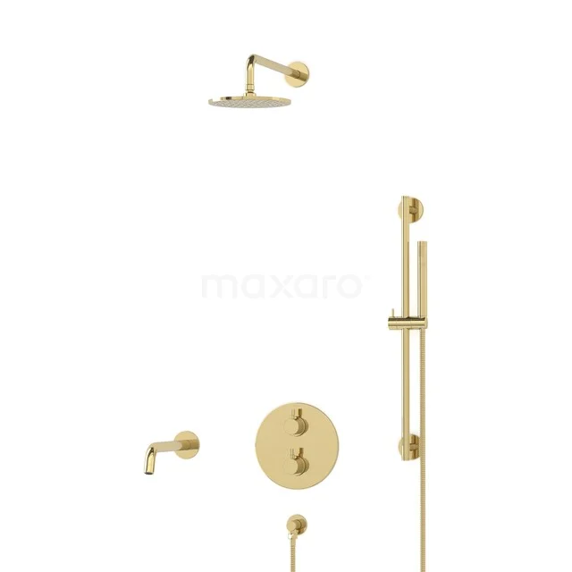 Golden rain shower set with round shapes, including hand shower and thermostat tap, perfect for a luxury bathroom design.