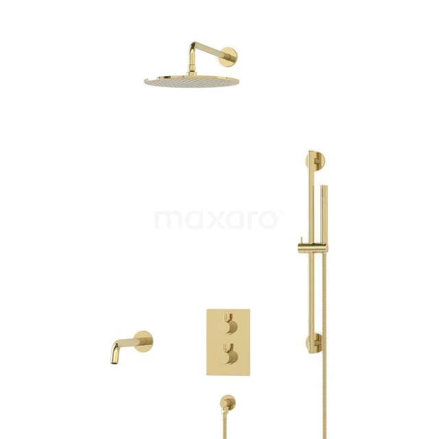 Golden thermostatic shower set with rain and hand shower, modern design, ideal for a luxury bathroom.