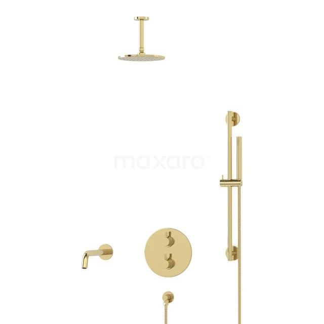Radius Built-in Bath Tap with Rain Shower | Shiny Light Gold | Thermostatic DIGLG55-00032 Golden rain shower set with wall and ceiling mounting, round shapes, thermostatic valve and hand shower, perfect for luxury bathrooms.