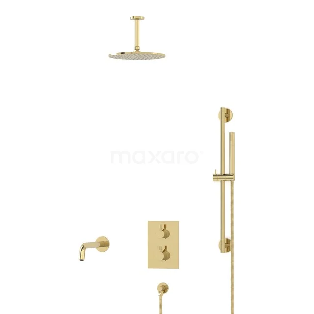 Radius Built-in Bath Tap with Rain Shower | Glossy Light Gold | Thermostatic DIGLG55-00033 Gold-coloured built-in rain shower set with thermostatic valve, hand shower and wall mounting, perfect for a luxury bathroom.