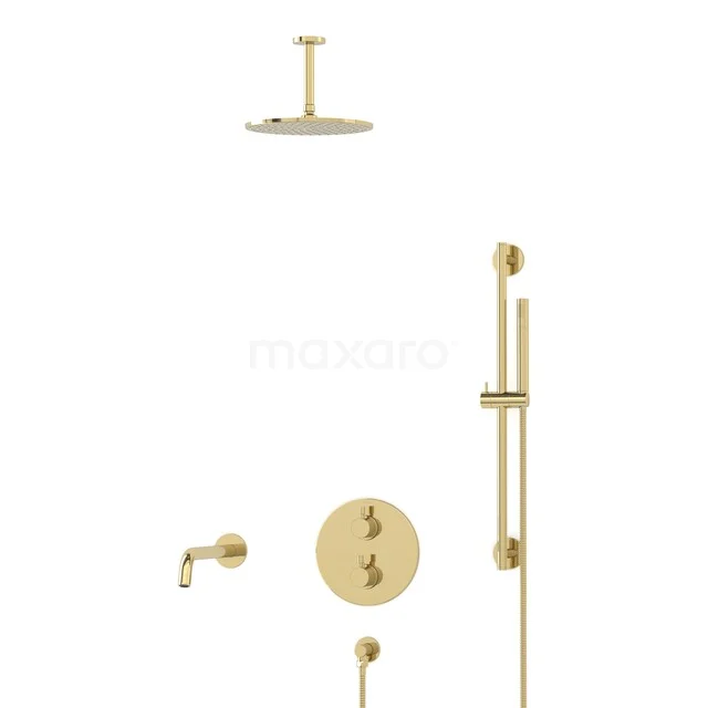 Gold built-in shower set with rain shower, hand shower and tap, perfect combination for a luxury bathroom.