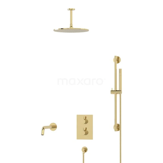 Radius Built-in Bath Tap with Rain Shower | Shiny Light Gold | Thermostatic DIGLG55-00035 Gold rain shower set with wall arm, hand shower and thermostatic valve, luxury bathroom accessory made of brushed brass.