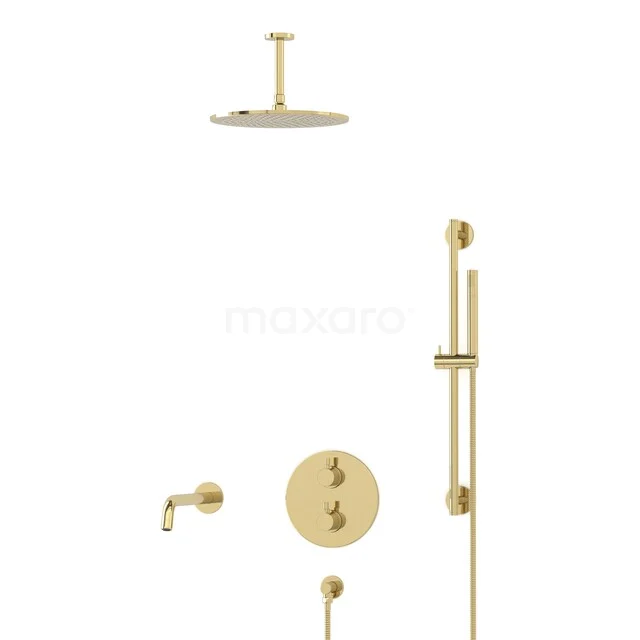 Gold-coloured rain shower set with a round shower head, wall-mounted shower valve and hand shower, ideal for a luxury bathroom.