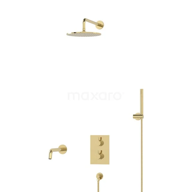 Gold rain shower set with thermostatic valve, hand shower and wall holder, ideal as a stylish addition to the bathroom.