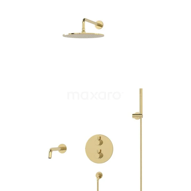 Gold-coloured rain shower set with a round head, minimalist design and matching accessories, perfect for a luxury bathroom.