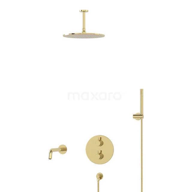 Gold-coloured rain shower set with round head, hand shower and tap, suitable for luxury bathroom decor.