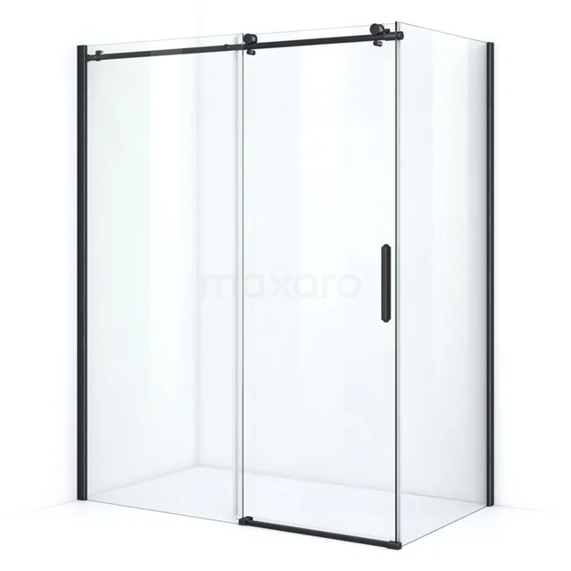 Sleek shower screen with black frame, clear glass and sliding door; perfect for a modern bathroom.