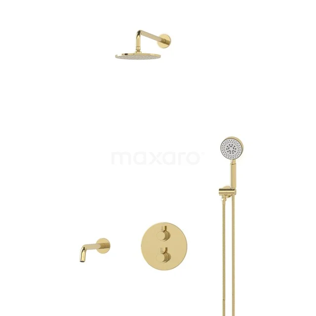 Golden shower set with round rain shower, hand shower and thermostatic valve, ideal for a luxury bathroom style.