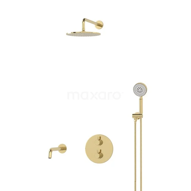 Golden round rain shower set with hand shower and thermostat knob, ideal as a luxury addition to the bathroom.