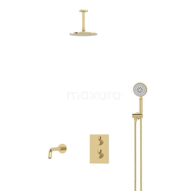 Gold built-in rain shower set with hand shower and thermostat tap, perfect for a luxurious look in the bathroom.