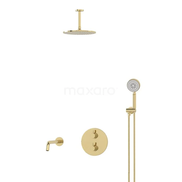 Radius Einbau Badewannenarmatur mit Regendusche | Glänzendes Lichtgold | Thermostatisch DIGLG55-00070 Gold Regenduschen-Set mit runder Dusche und Handbrause, geeignet für einen luxuriösen Badezimmerstil.