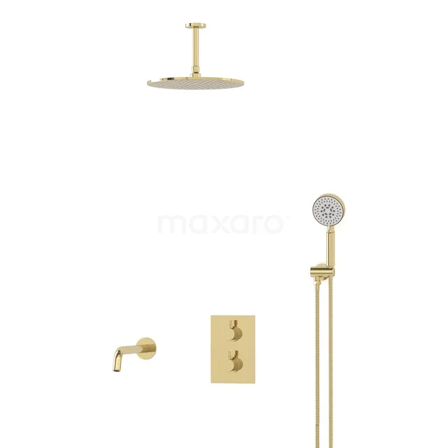 Gold Regenduschen mit Handbrause und Thermostatarmatur, ideal für ein modernes Badezimmer.