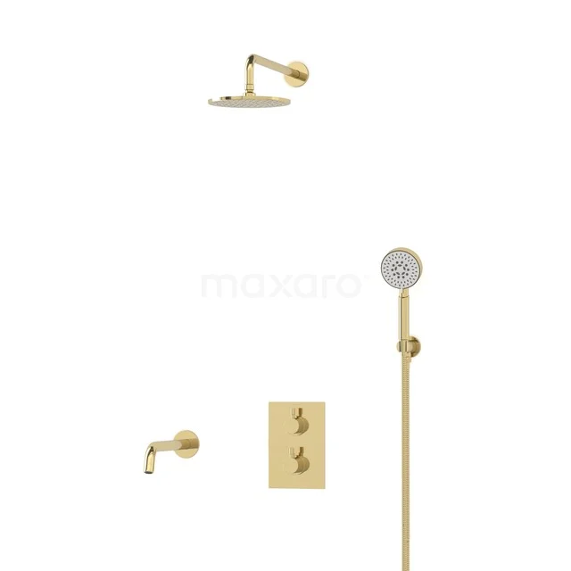 Radius Built-in Bath Tap with Rain Shower | Glossy Light Gold | Thermostatic DIGLG55-00073 Gold built-in rain shower set with hand shower and thermostat, suitable for a luxury bathroom.