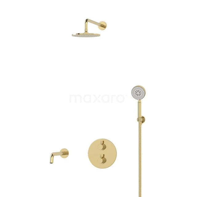 Gold built-in rain shower set with round knobs and hand shower, perfect for a luxury bathroom with modern design.