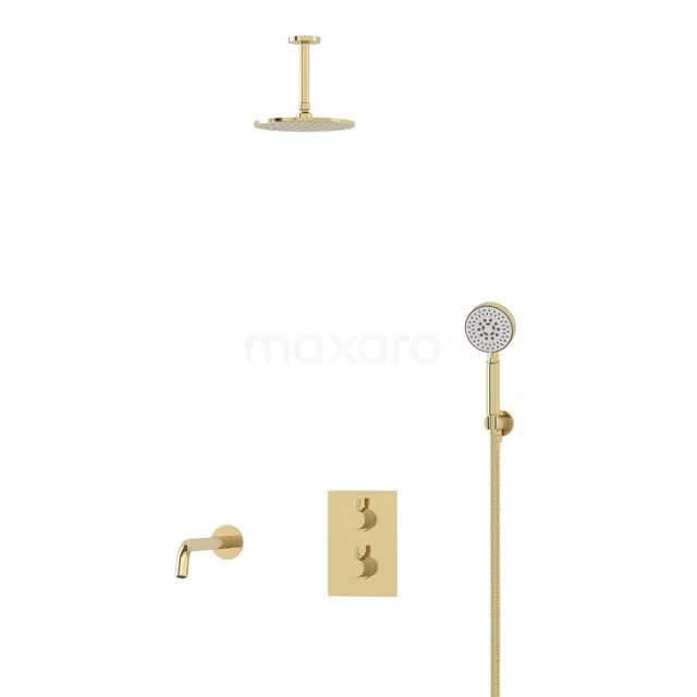 Radius Built-in Bath Tap with Rain Shower | Shiny Light Gold | Thermostatic DIGLG55-00079 Golden rain shower set with hand shower and thermostat tap, perfect as a stylish addition to a luxury bathroom.