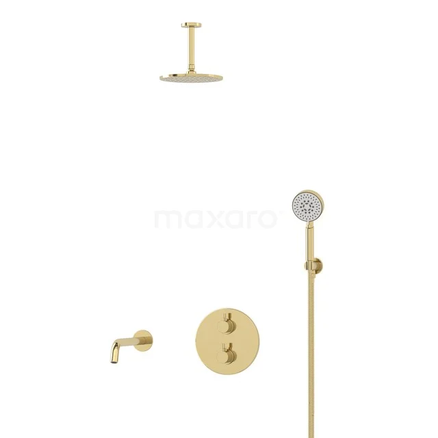 Gold built-in rain shower set with round finish, wall tap and hand shower, ideal for a luxury bathroom style.
