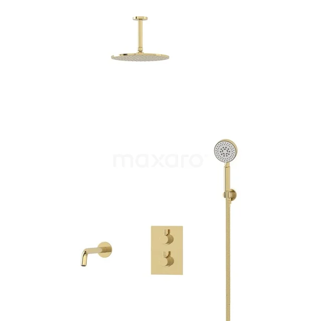 Gold rain shower set with thermostatic valve, hand shower and ceiling mount, perfect for a luxury bathroom.