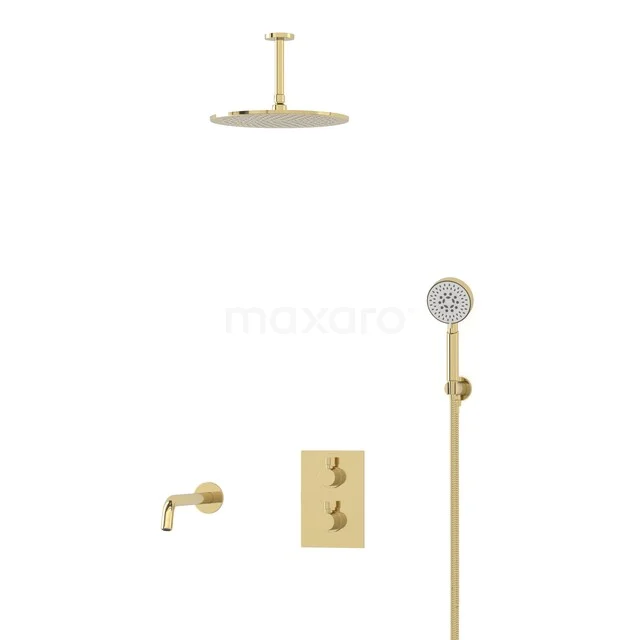 Gold-coloured rain shower set with hand shower, round metal head, including thermostat; stylish bathroom solution.