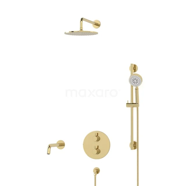 Gold-coloured rain shower set with hand shower and thermostat tap, a stylish addition to the luxury bathroom.