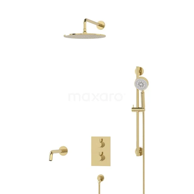 Goldene Regenduschen mit runder Dusche, Handbrausenset und Mischbatterie, ideal als stilvolle Ergänzung zum Badezimmer.