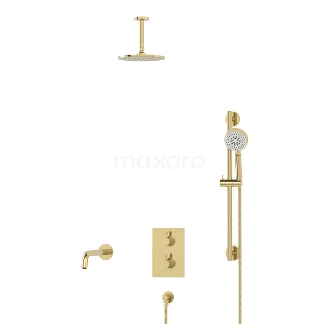 Radius Built-in Bath Tap with Rain Shower | Glossy Light Gold | Thermostatic DIGLG55-00091 Golden rain shower set with hand shower, thermostat tap and sleek finish for luxury in the bathroom.