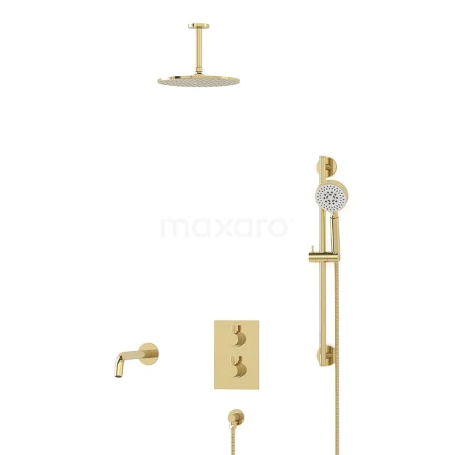 Radius Built-in Bath Tap with Rain Shower | Shiny Light Gold | Thermostatic DIGLG55-00093 Gold rain shower set with round head, hand shower and thermostatic valve for a luxury bathroom.