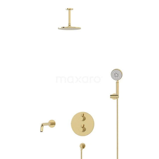 Golden rain shower set with round overhead shower, hand shower and thermostat tap, perfect for a luxury bathroom.