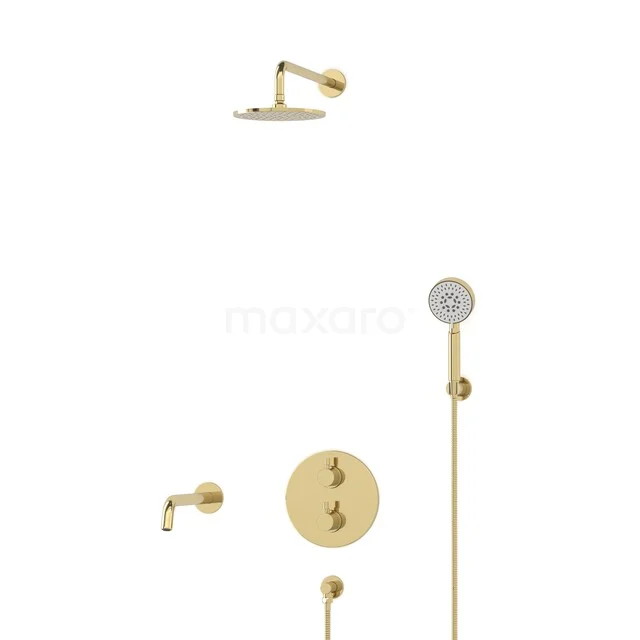 Radius Built-in Bath Tap with Rain Shower | Glossy Light Gold | Thermostatic DIGLG55-00110 Luxury gold built-in rain shower set with round shapes, including hand shower and thermostat tap for a stylish bathroom.