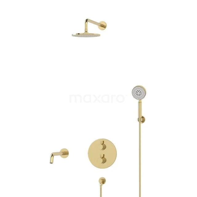 Radius Built-in Bath Tap with Rain Shower | Shiny Light Gold | Thermostatic DIGLG55-00110 Luxury gold built-in rain shower set with round shapes, including hand shower and thermostat tap for a stylish bathroom.