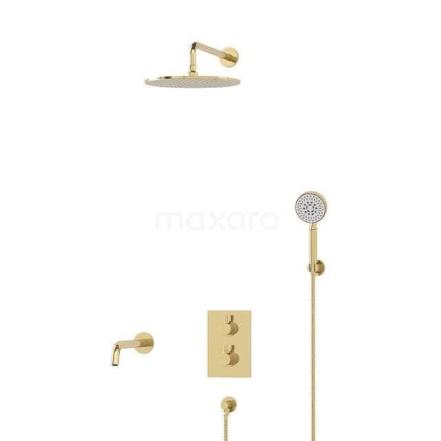 Gold rain shower set with hand shower and thermostatic valve, suitable for modern bathrooms and luxury water experiences.