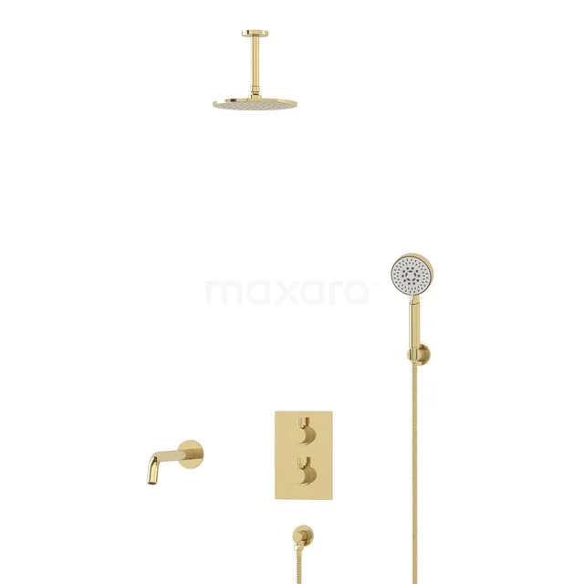 Gold built-in rain shower set with round head and hand shower, design for luxury bathroom, with sleek shapes and quality finish.