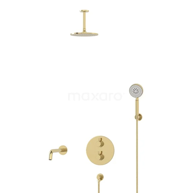 Radius Built-in Bath Tap with Rain Shower | Shiny Light Gold | Thermostatic DIGLG55-00116 Golden rain shower set with hand shower, including round thermostat tap, ideal for a luxury bathroom style.