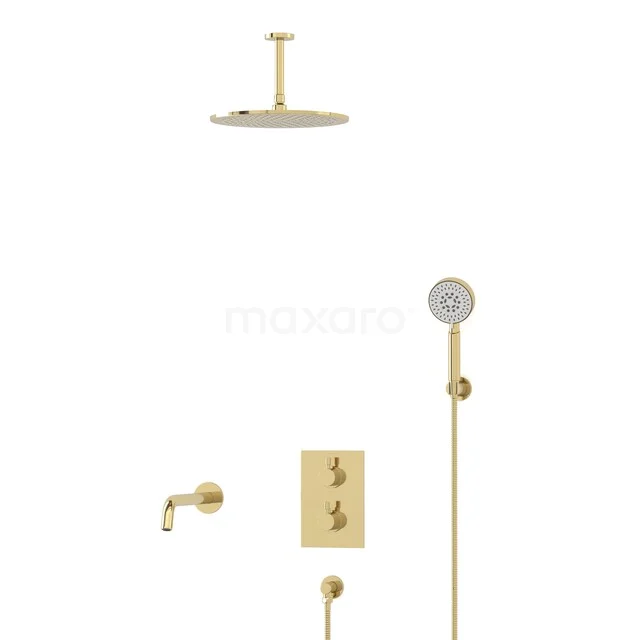 Gold-coloured rain shower set with hand shower, thermostatic tap and round shapes, ideal for a luxury bathroom.