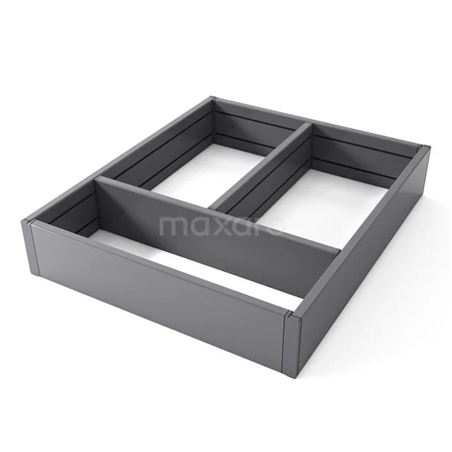 Grauer Kunststoff-Schubladeneinsatz für Badschränke, verstellbare Fächeraufteilung für organisiertes Verstauen von Badezimmerzubehör.