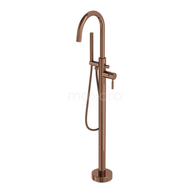 Radius Freestanding Bath Tap | Shiny Copper | Single Lever Mixer Tap with Hand Shower 1 Setting BSGKP-5503-40001 Freestanding copper bath tap with a curved spout and integrated hand shower, an ideal design solution for a modern bathroom.