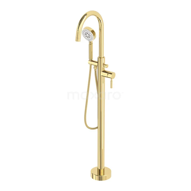 Freestanding gold-coloured bath tap with a round spout and hand shower, ideal as a luxury bathroom accessory.