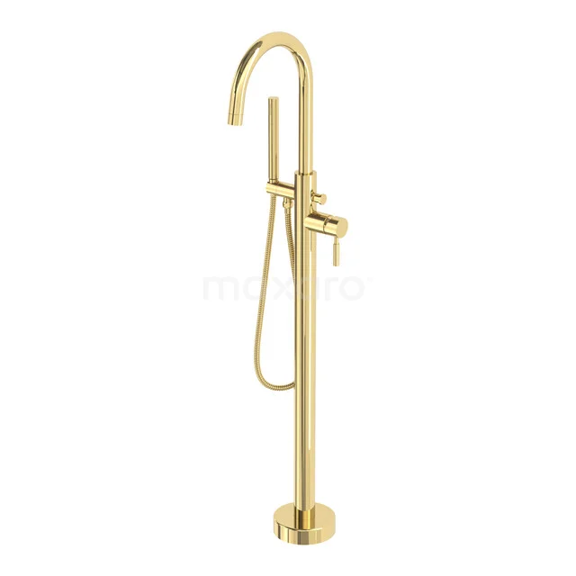 Radius Freestanding Bath Tap | Shiny Light Gold | Single Lever Mixer Tap with Hand Shower 1 Function BSGLG-5503-40001 Freestanding brushed gold bath tap with curved spout and hand shower, a luxurious addition to the bathroom.