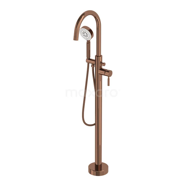 Freestanding copper-coloured bath tap with hand shower, modern design, ideal for luxury bathroom interiors.