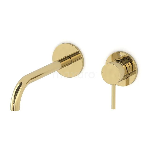 Gold-coloured built-in basin tap with round handle and curved spout, ideal for modern bathroom design.