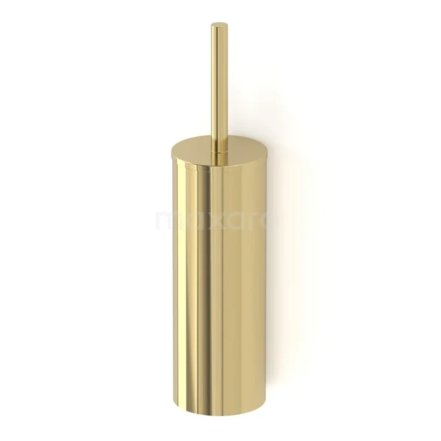 Gouden toiletborstelhouder van roestvrij staal met strak, cilindrisch design, ideaal voor een moderne badkamer.