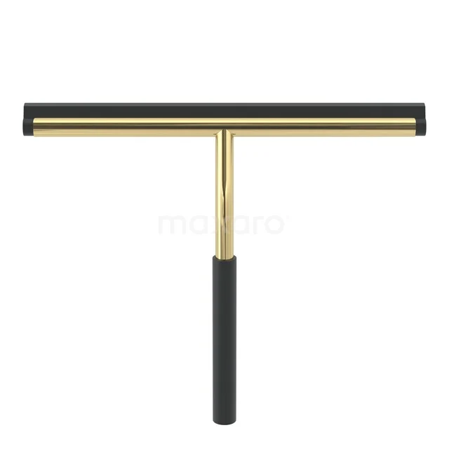 Golden shower squeegee with black handle, sleek design for effective cleaning of shower walls in the bathroom.
