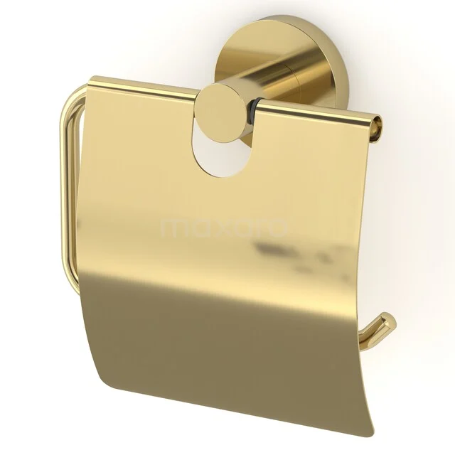 Gold Toilettenpapierhalter mit glänzender Oberfläche, modernem Design und praktischem Deckel, perfekt für ein stilvolles Badezimmer.