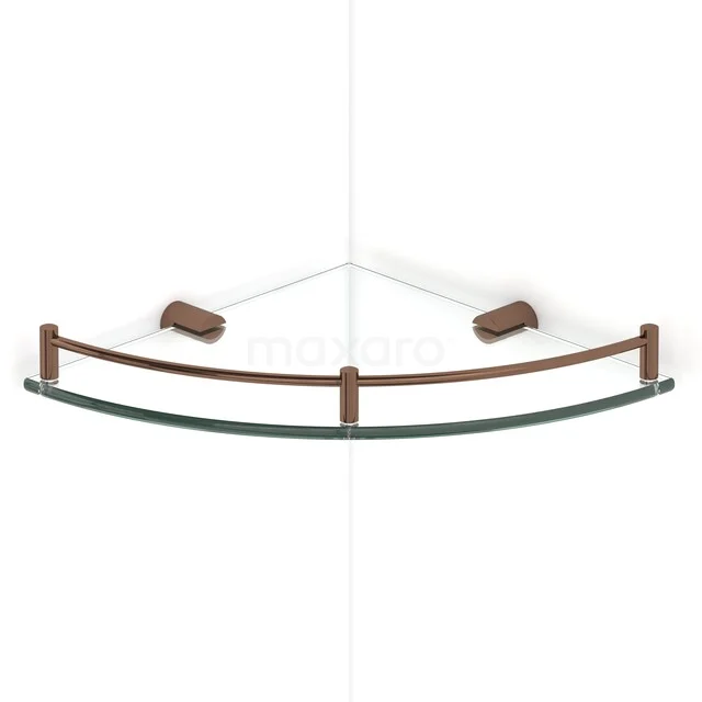Radius Corner Shelf | Shiny Copper | Glass | Bathroom 190-2101GKP Glass corner shelf with wooden accents, ideal for stylish bathroom storage.