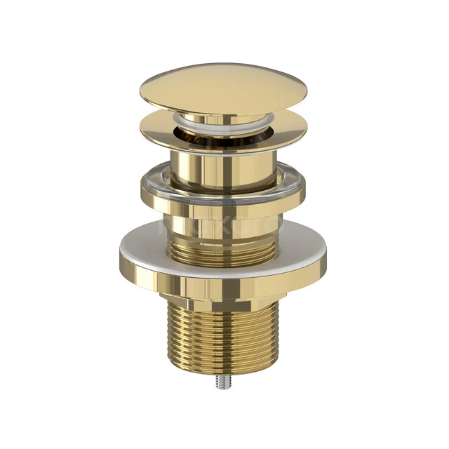 Drain Plug Lockable Shiny Light Gold Round 99.000.604GLG Messing pop-up basin plug, gold-coloured, with a round shape and glossy finish, ideal for modern bathrooms.