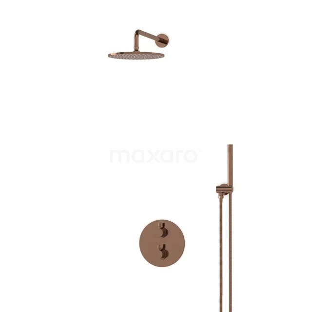 Radius Einbau Regenduschen-Set | Glänzendes Kupfer 25 cm Kopfbrause Thermostatisch BIGKP55-00002 Kupfer Regenduschen Duschset mit runder Duschekopf, Wandarm und Handbrause; modernes Badezimmerdesign.