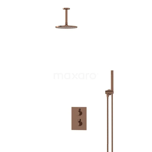 Kupferne Regenduschen mit Thermostatarmatur, runder Duschekopf und Handbrause, ideal für luxuriöse Badezimmerstile.